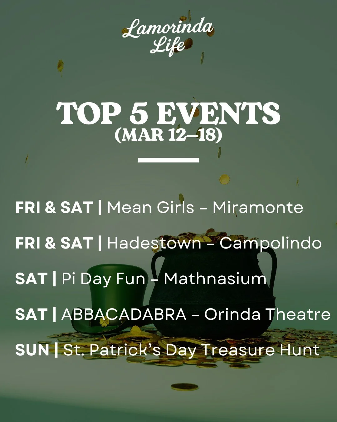Some fun things happening around Lamorinda this week.

Local high school theater takes the spotlight with Mean Girls at Miramonte and Hadestown at Campolindo. Pi Day brings a slice of math-inspired fun to Moraga, and ABBA fans can catch a tribute sho