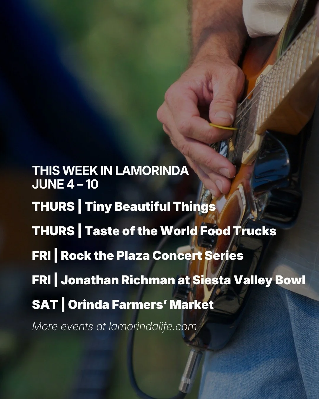 A good week to stay local.

Tiny Beautiful Things opens at Town Hall Theatre, food trucks are back in Orinda, and Lafayette&rsquo;s summer concert season keeps rolling with another plaza show Friday night. It&rsquo;s one of those weeks where almost e