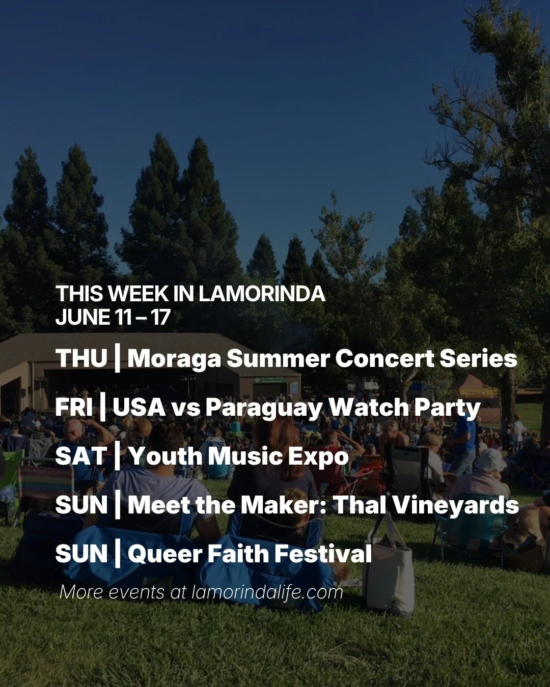 One of my favorite things about this time of year is that you don&rsquo;t have to go far to find something worth doing.

A concert in Moraga. A World Cup watch party in Orinda. Live music, wine, community gatherings, and a few events you probably won