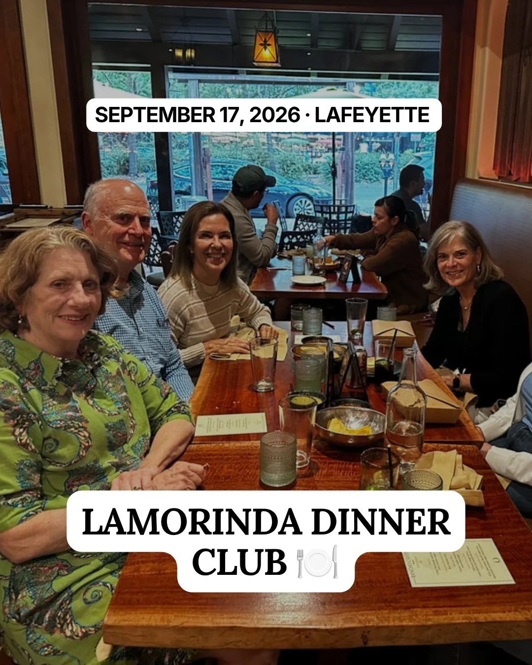 Good food and a few new faces, right here in Lafayette. 🍽️

The next Lamorinda Dinner Club is Thursday, September 17! Join us for an evening of dinner, conversation, and getting to know your neighbors.

If you&rsquo;ve been meaning to come along, I&