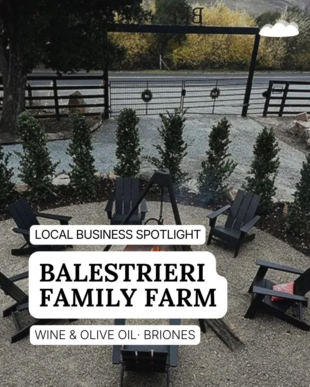 Balestrieri Family Farm is a family-owned farm known for wine and olive oil in Briones, a short drive from Lamorinda.

With 15 acres of vines and five acres of olives, it welcomes weekend visitors Friday and Saturday from 1&ndash;7pm and Sunday from 