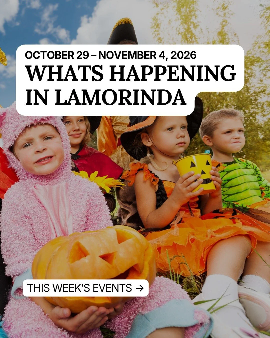 Halloween weekend is filling up across Lamorinda. Friday brings trick-or-treating along Mt. Diablo Boulevard and a family evening of costumes, trunk-or-treat, and Freaky Friday at Hacienda de las Flores.

On Saturday, start with pumpkins and a scaven