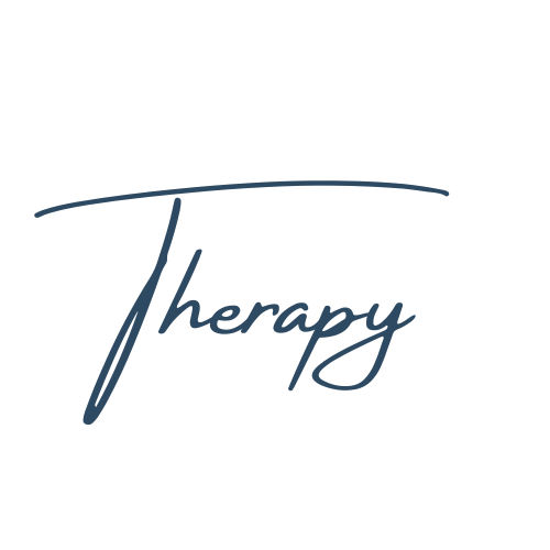 The image displays the word 'Therapy' written in a dark blue, cursive font.