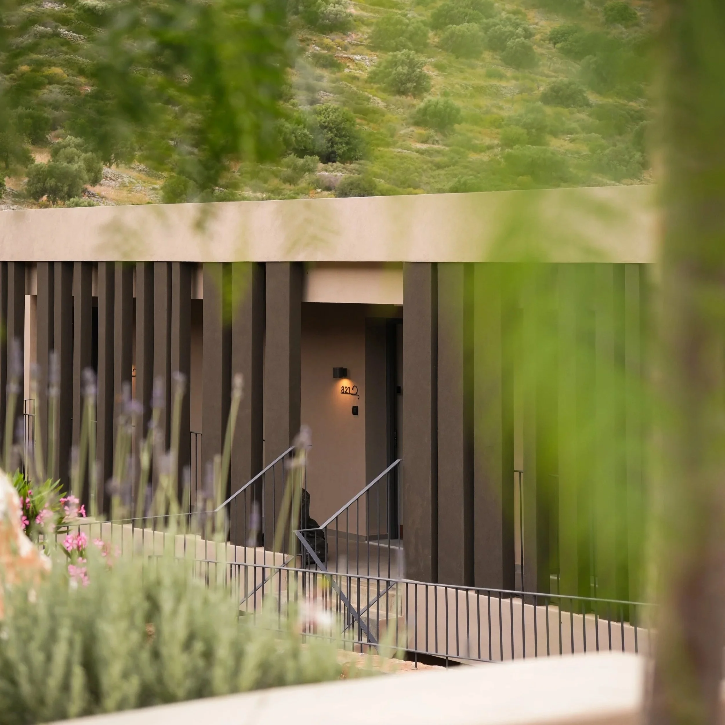 Modern house with vertical dark brown slats and a light-colored roof, surrounded by greenery and hills in the background.