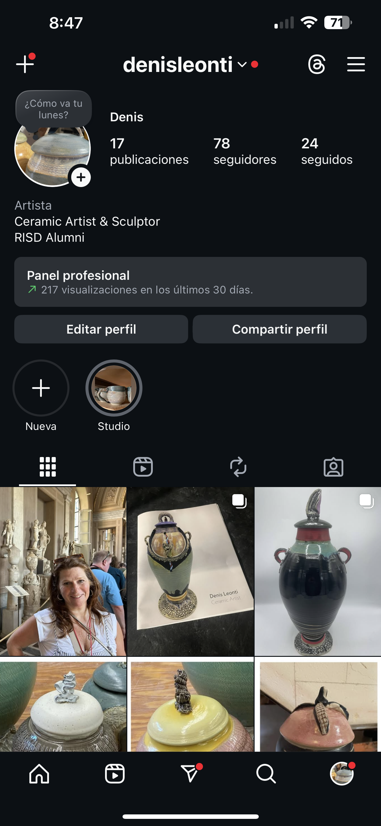 Screenshots of a social media profile page for artist Denis Leonti, displaying profile picture, stats, and photos of ceramic art items including vases and jewelry pieces.