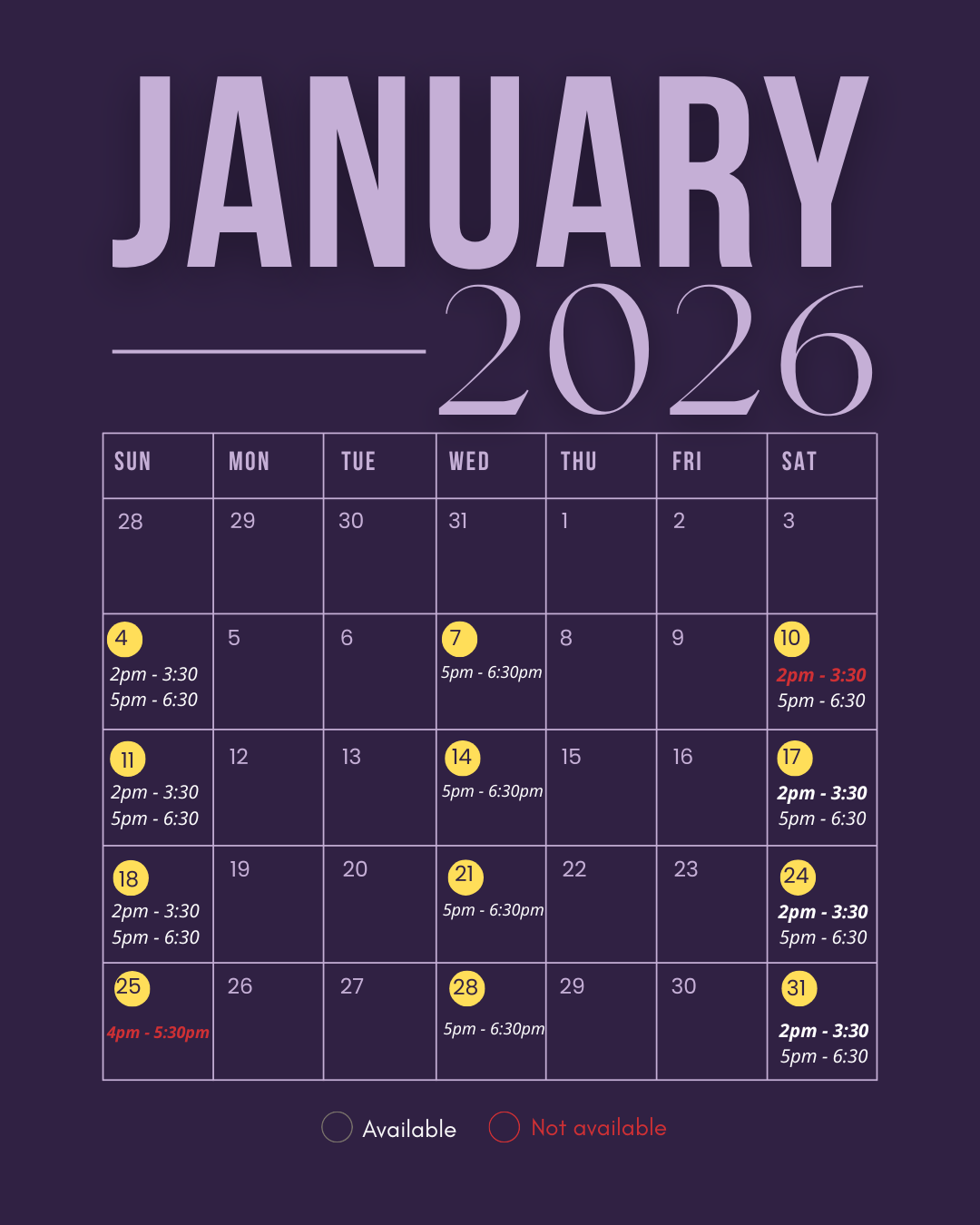 Calendar for January 2026 with events marked on several dates, including available and not available times, on a dark purple background.