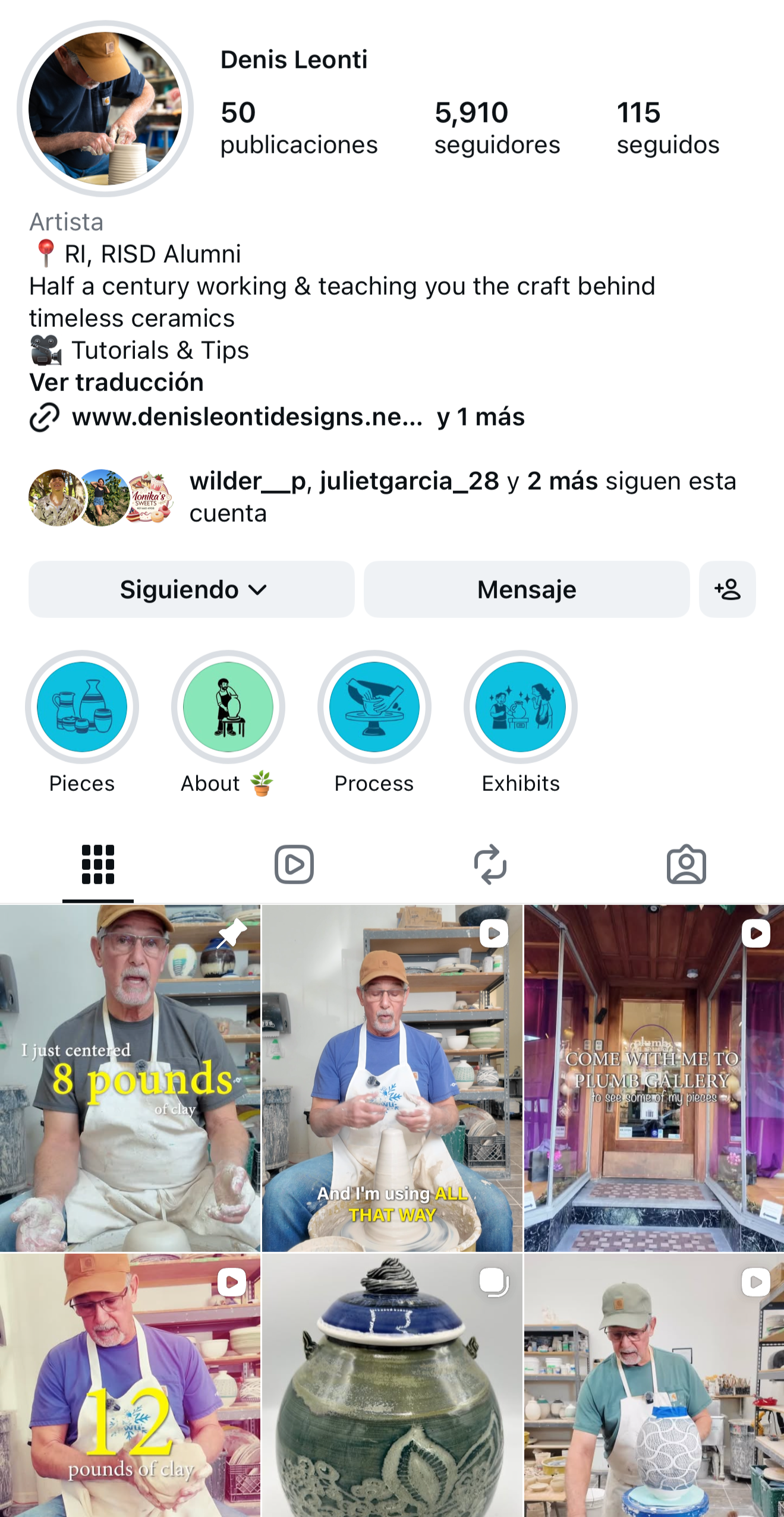 Screenshot of a Instagram profile page of Denis Leonti, a ceramic artist. The profile includes a profile picture of the artist working on pottery, follower statistics, a brief bio about working and teaching ceramics, and several videos of the artist shaping clay and showcasing ceramic pieces.