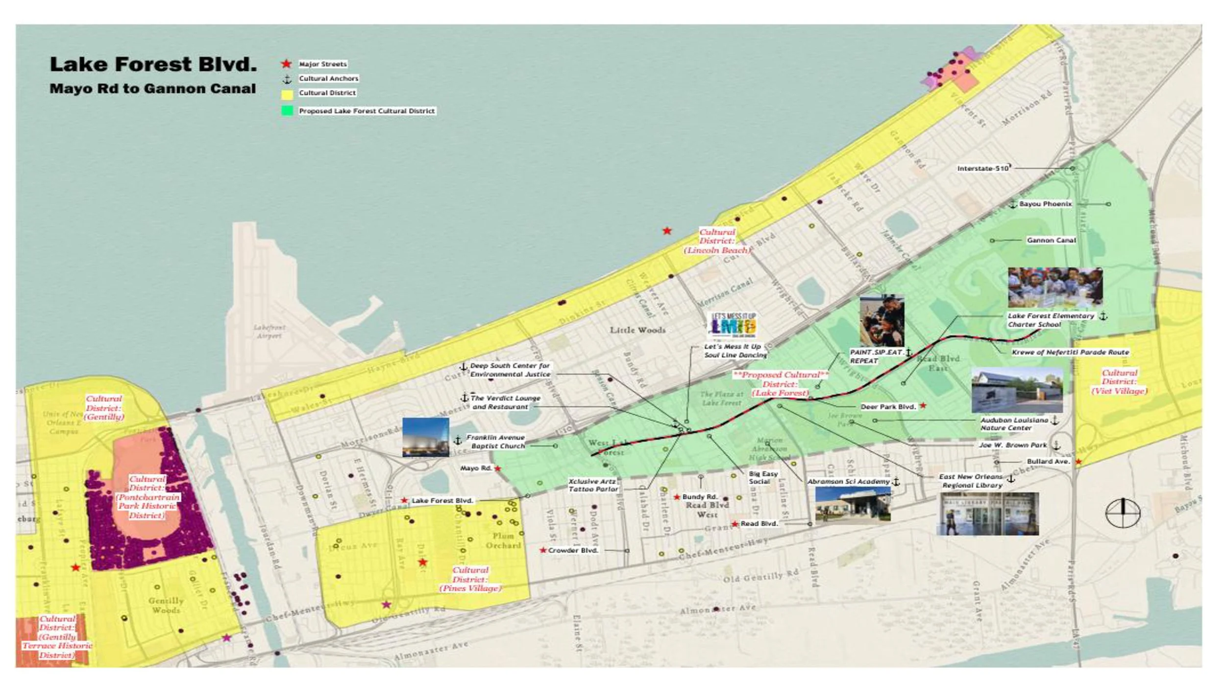 Map of Lake Forest Blvd. from Mayo Road to Gannon Canal showing cultural districts, proposed cultural districts, landmarks, and routes with labels and icons.
