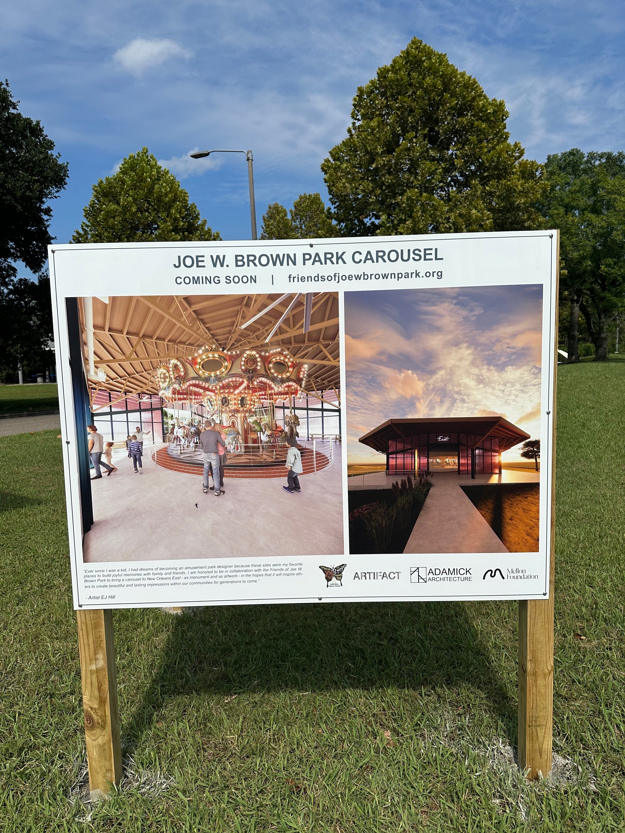 Sign for the Joe W. Brown Park Carousel project, with images of the carousel and surrounding architecture, and text mentioning the project's future opening and supporting organizations.