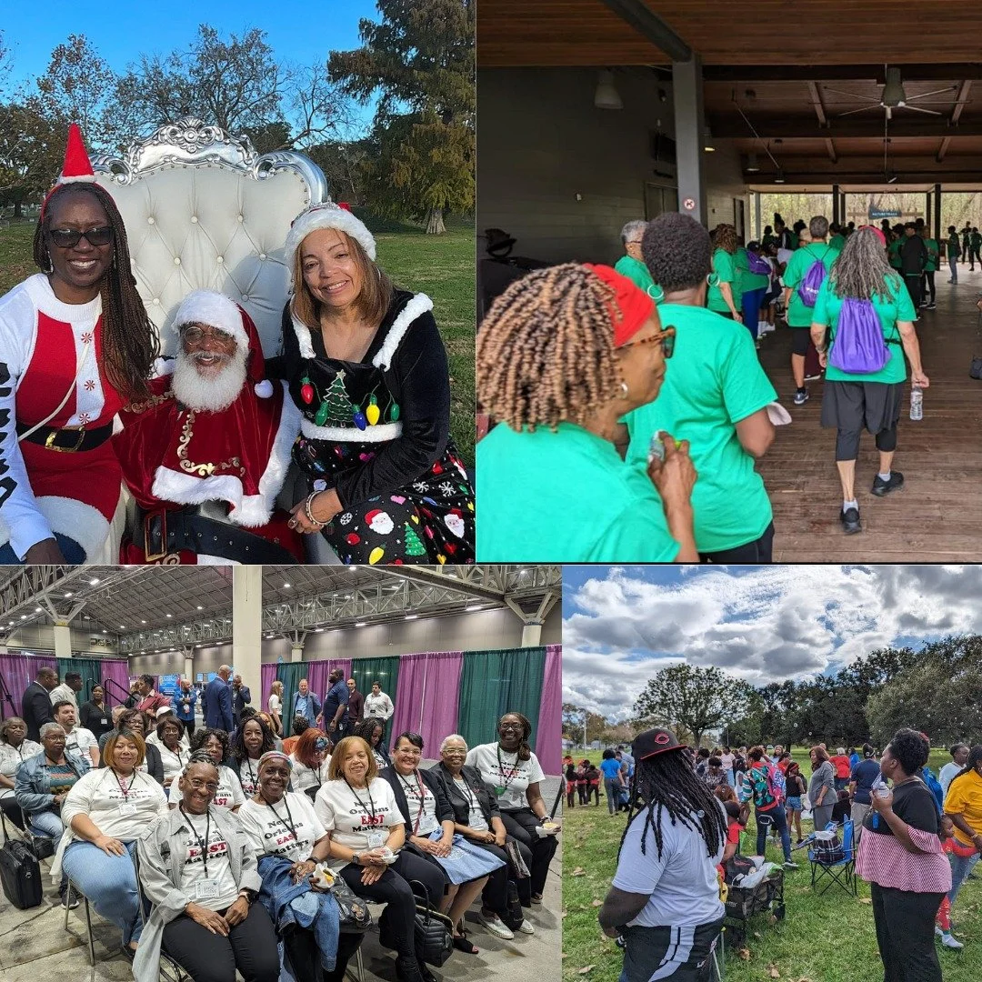 A collage of four photos showing diverse groups of people at various community events, including holiday celebrations, a walking event, and a conference indoor gathering.