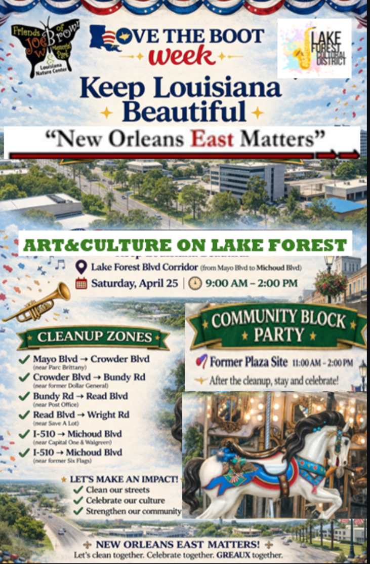 Flyer for Louisiana event promoting Keep Louisiana Beautiful and Lake Forest district, with activities including a community cleanup and a carousel photo, scheduled for Saturday, April 25, from 9:00 AM to 2:00 PM.