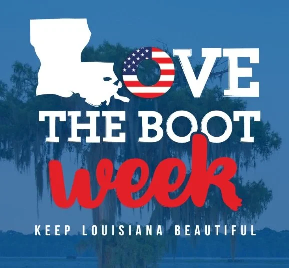 Graphic for Love the Boot week with Louisiana state outline and a patriotic letter O, promoting Louisiana's beauty.