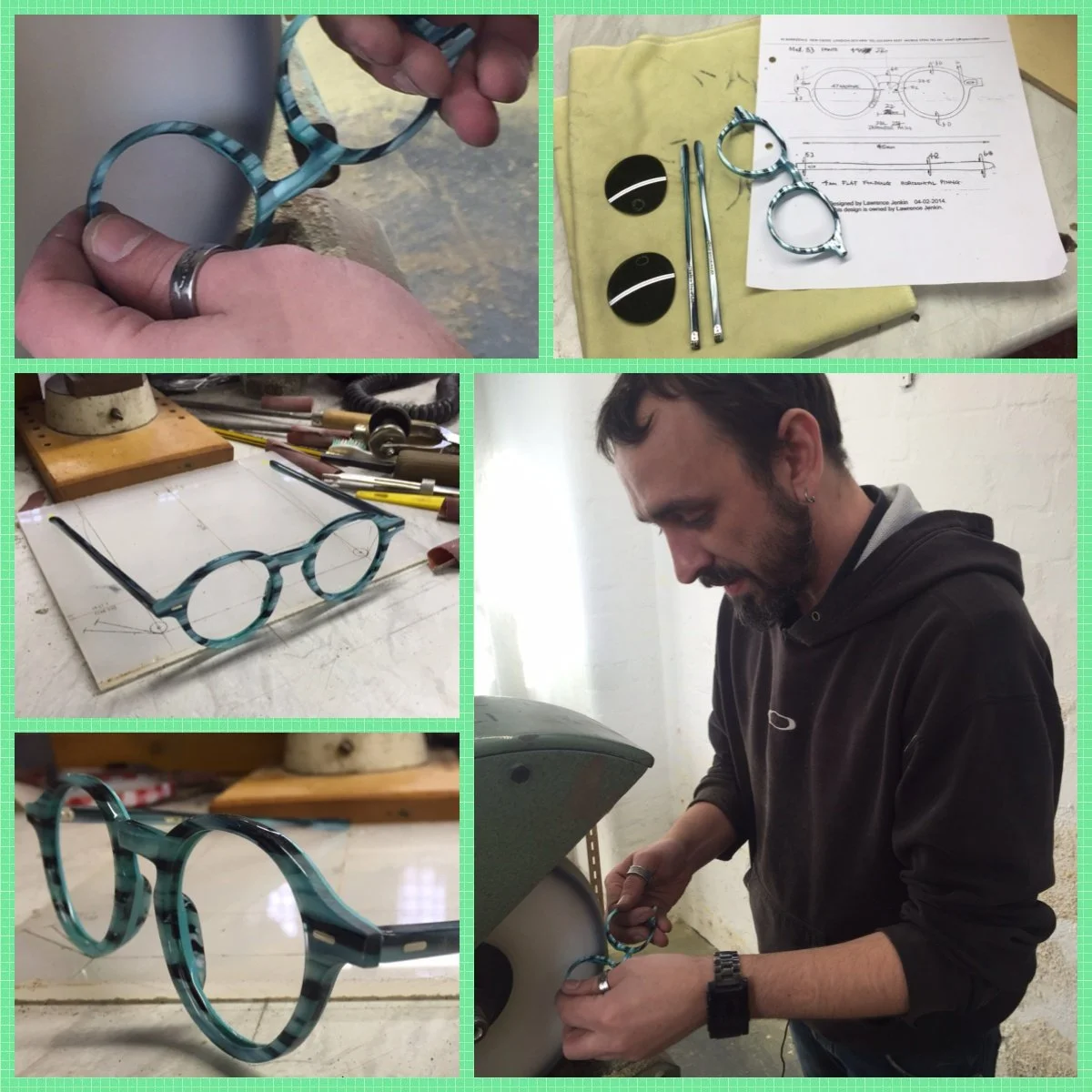 Collage of images showing the process of designing and crafting eyeglasses, including a person working on the frames, tools, blueprints, and assembled glasses.