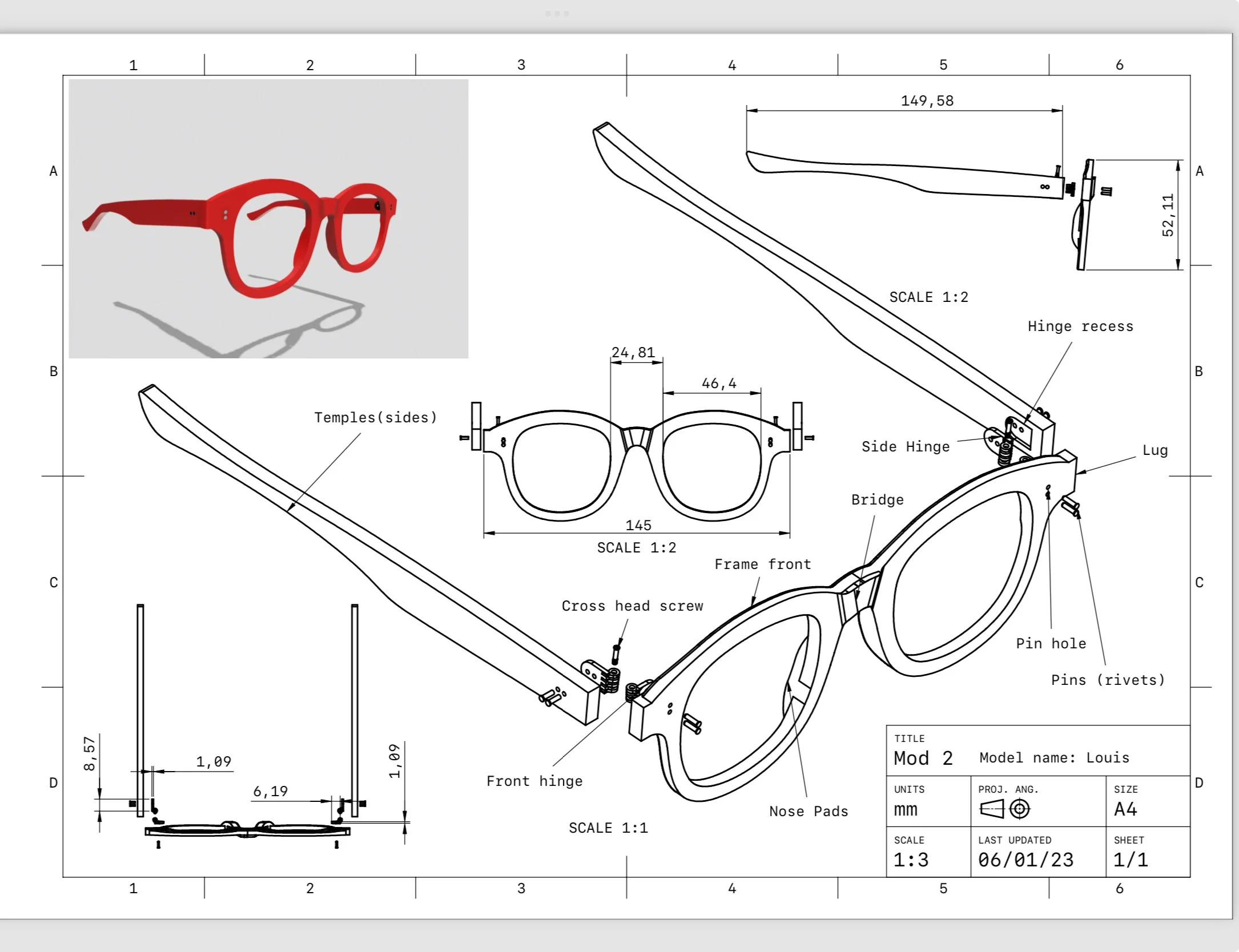 Engineering drawing of glasses with measurements and parts labeled, including temples, frame front, nose pads, hinges, lugs, pins, and screws, with a smaller inset drawing of the front view and a 3D rendering of the glasses above.