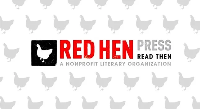 Celebrating 30 years of Red Hen Press with a red background, black and white logo of a hen, and white text.