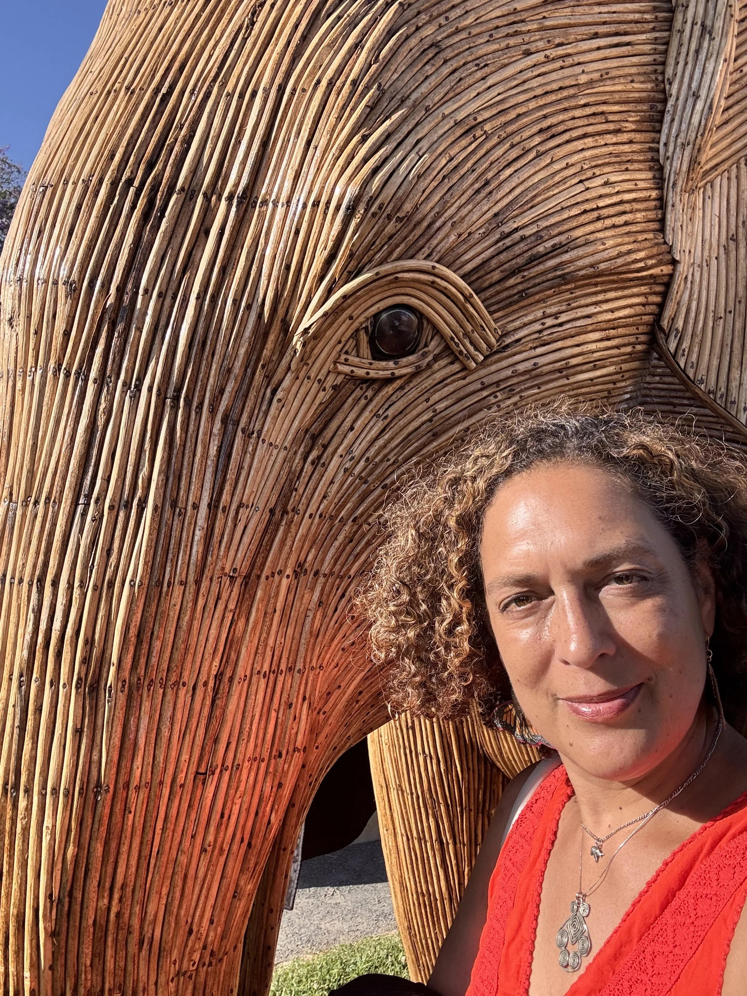 A woman taking a selfie next to a large wooden elephant sculpture with an eye, made of bent wooden slats.