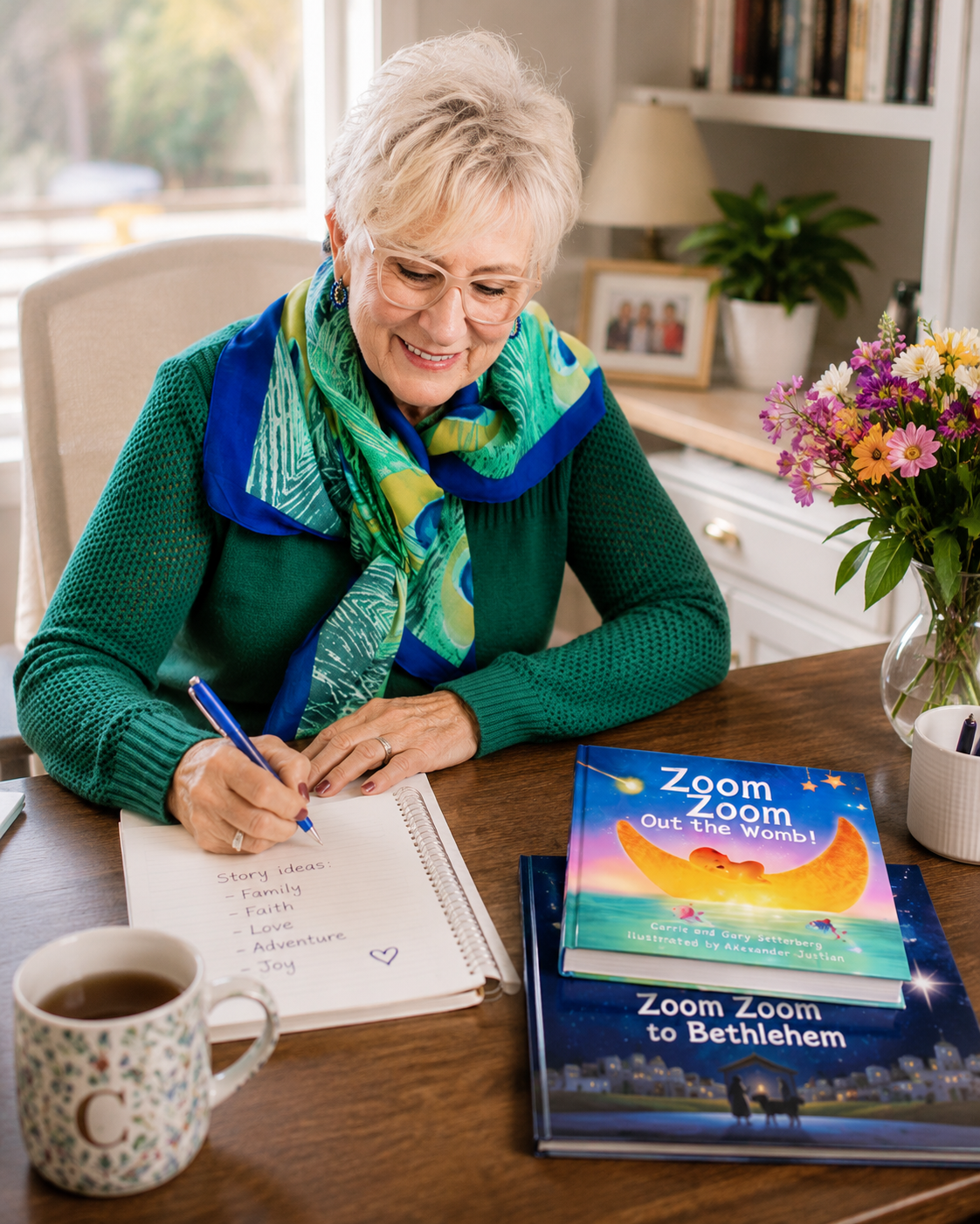 An older woman with short white hair and glasses, smiling and writing in a notebook at a wooden table. She is wearing a green sweater and a colorful scarf. On the table are two children's books titled 'Zoom Zoom Out the Womb!' and 'Zoom Zoom to Bethlehem', a mug with coffee, and a vase with a colorful bouquet of flowers. In the background, there is a white dresser with a picture frame, a lamp, and a potted plant near a window.