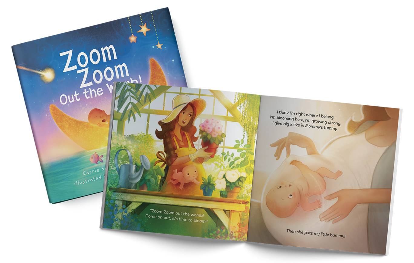 Children's illustrated board book titled 'Zoom Zoom Out the Womb!' with colorful cover showing a baby moon and stars. Inside pages depict a girl with a wide-brimmed hat caring for a bonsai plant, and a poem about a baby growing in the womb, with a photo of a pregnant woman with a baby bump.
