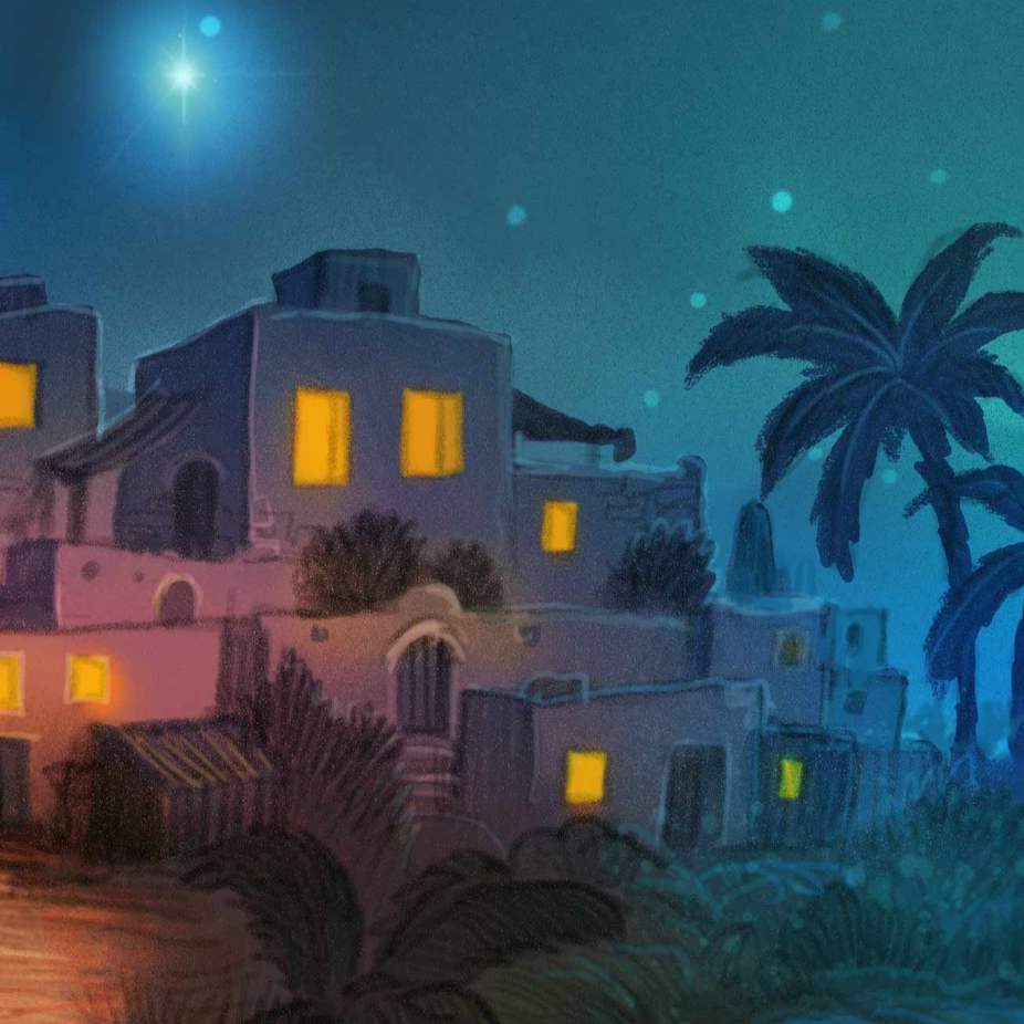A painting of a hillside village at night with illuminated windows and a star in the sky, featuring palm trees and rugged terrain.