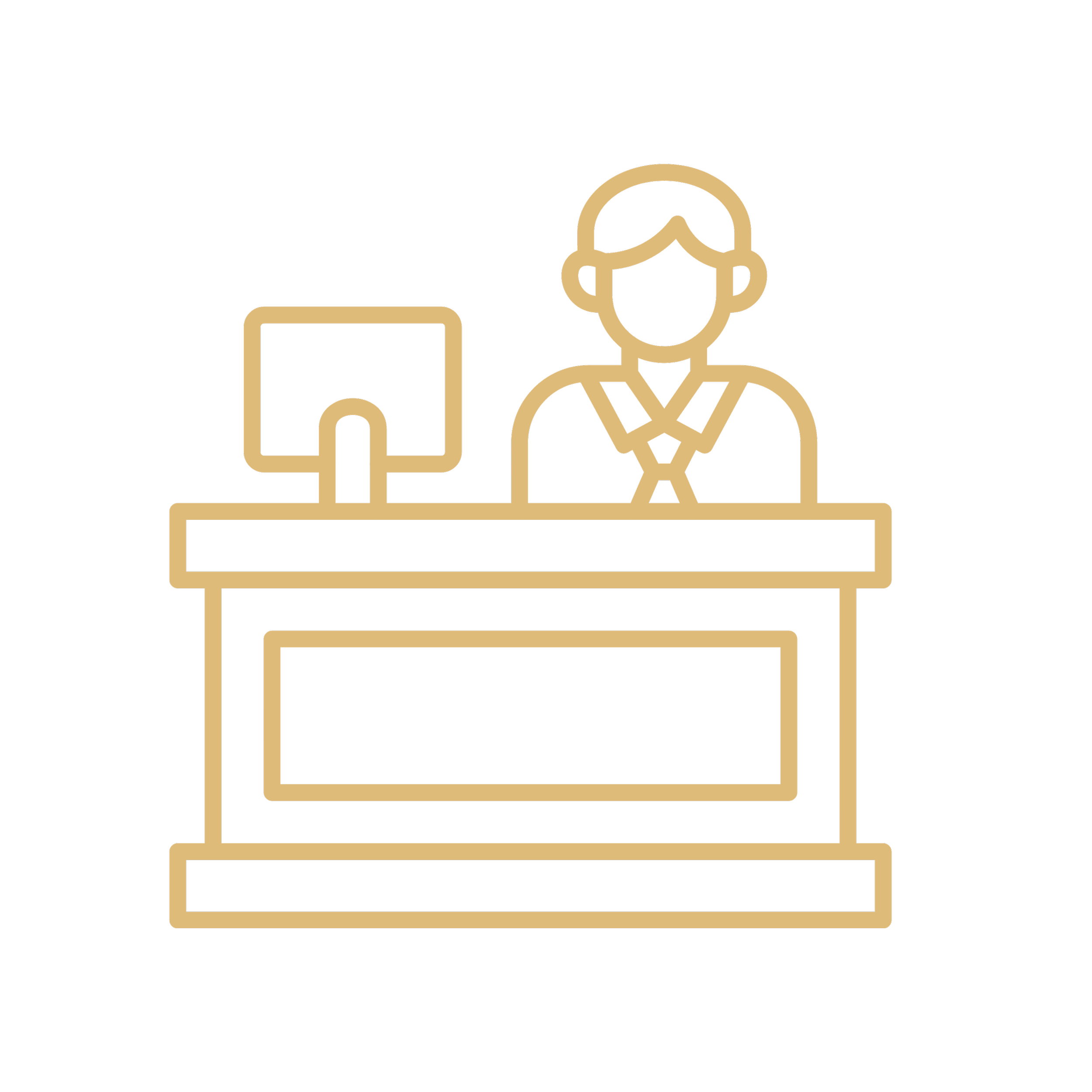 Minimalist line drawing of a person wearing a kimono and holding their hands together, standing behind a table in front of a computer monitor.