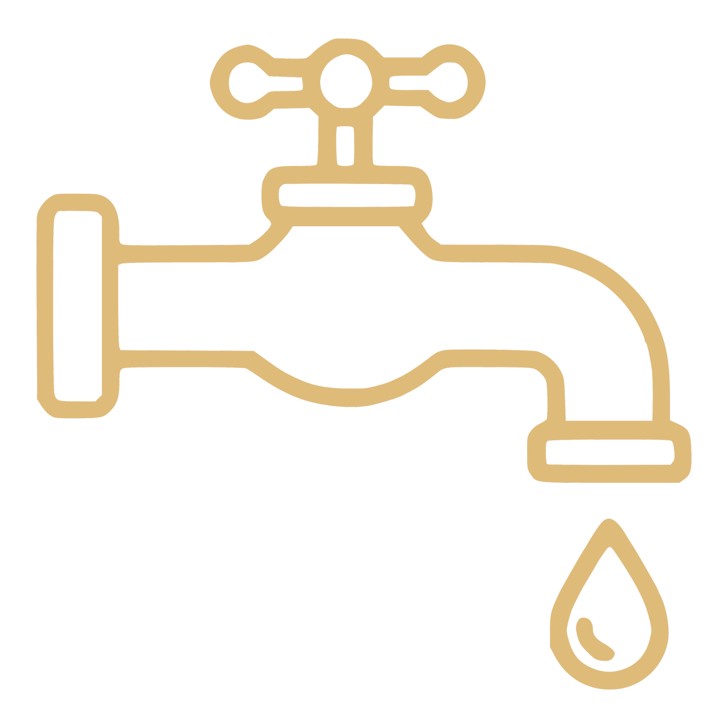 A line illustration of a kitchen faucet with a pipe connecting to a supply line, depicted in beige on a black background.