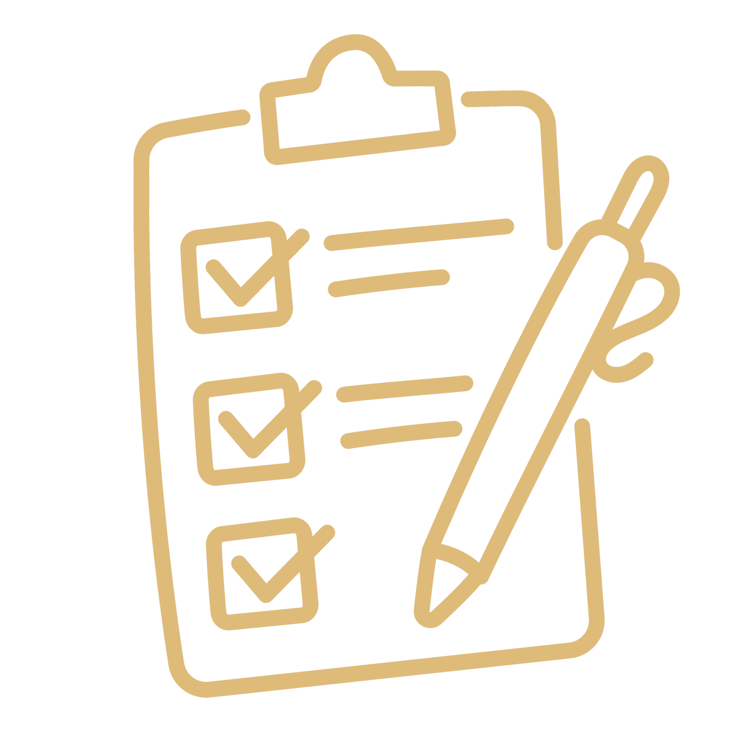Neon outline of a clipboard with a checkmark, pen, and pencil.