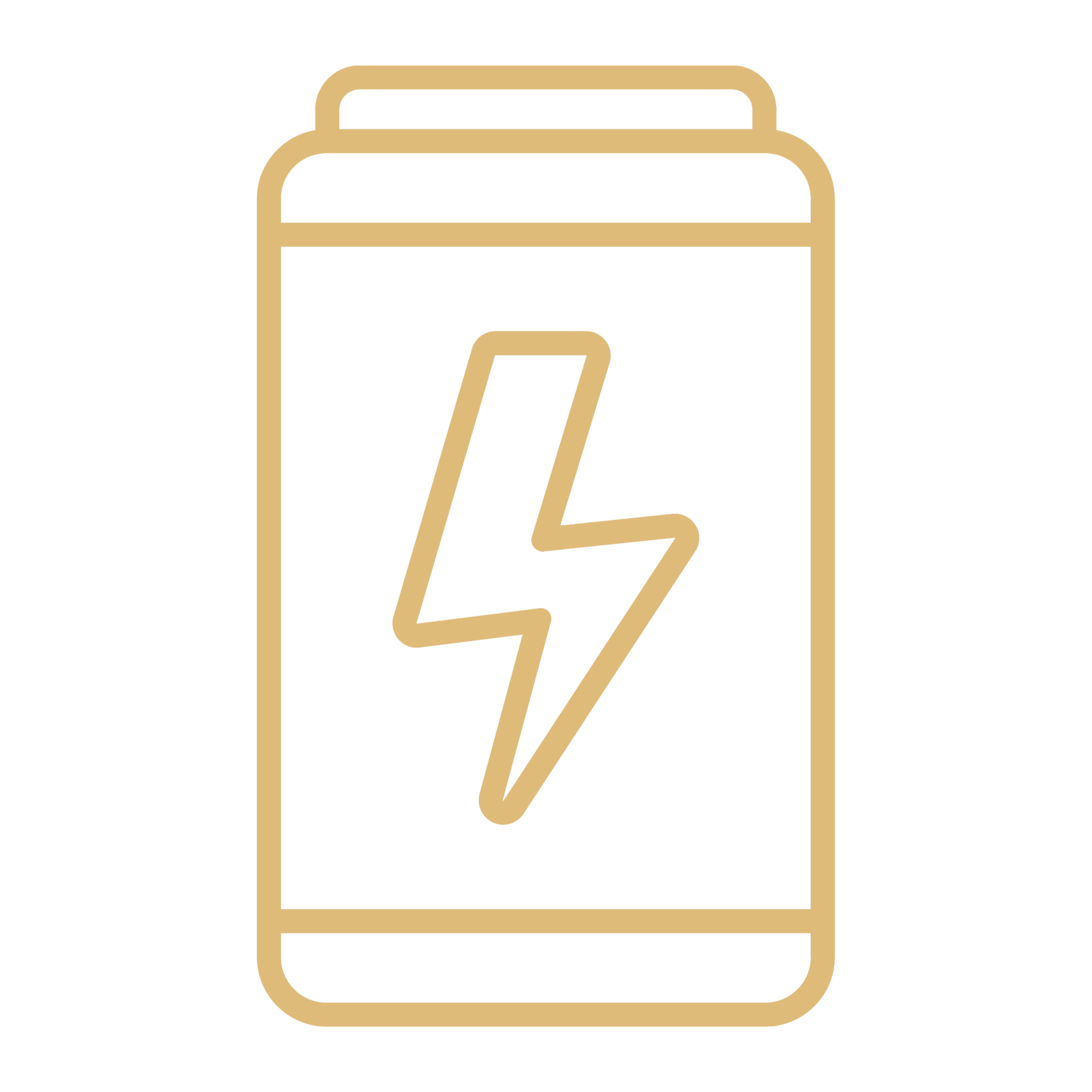Icon of a portable wireless speaker with a handle on top and a lightning bolt symbol in the center, outlined in gold against a black background.