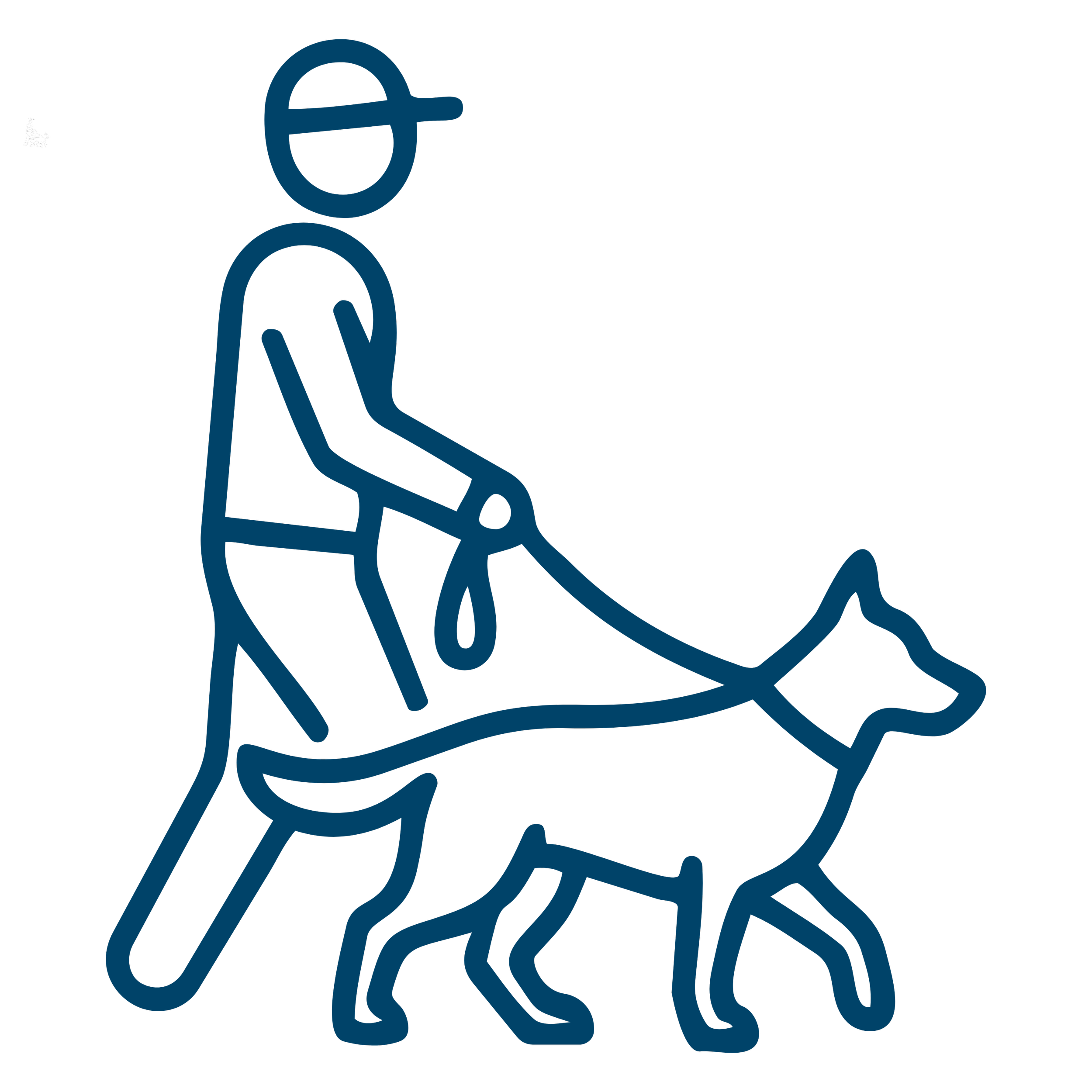 Digital illustration of a person sitting, holding a leash attached to a dog, in a stylized line art style with blue lines on a black background.