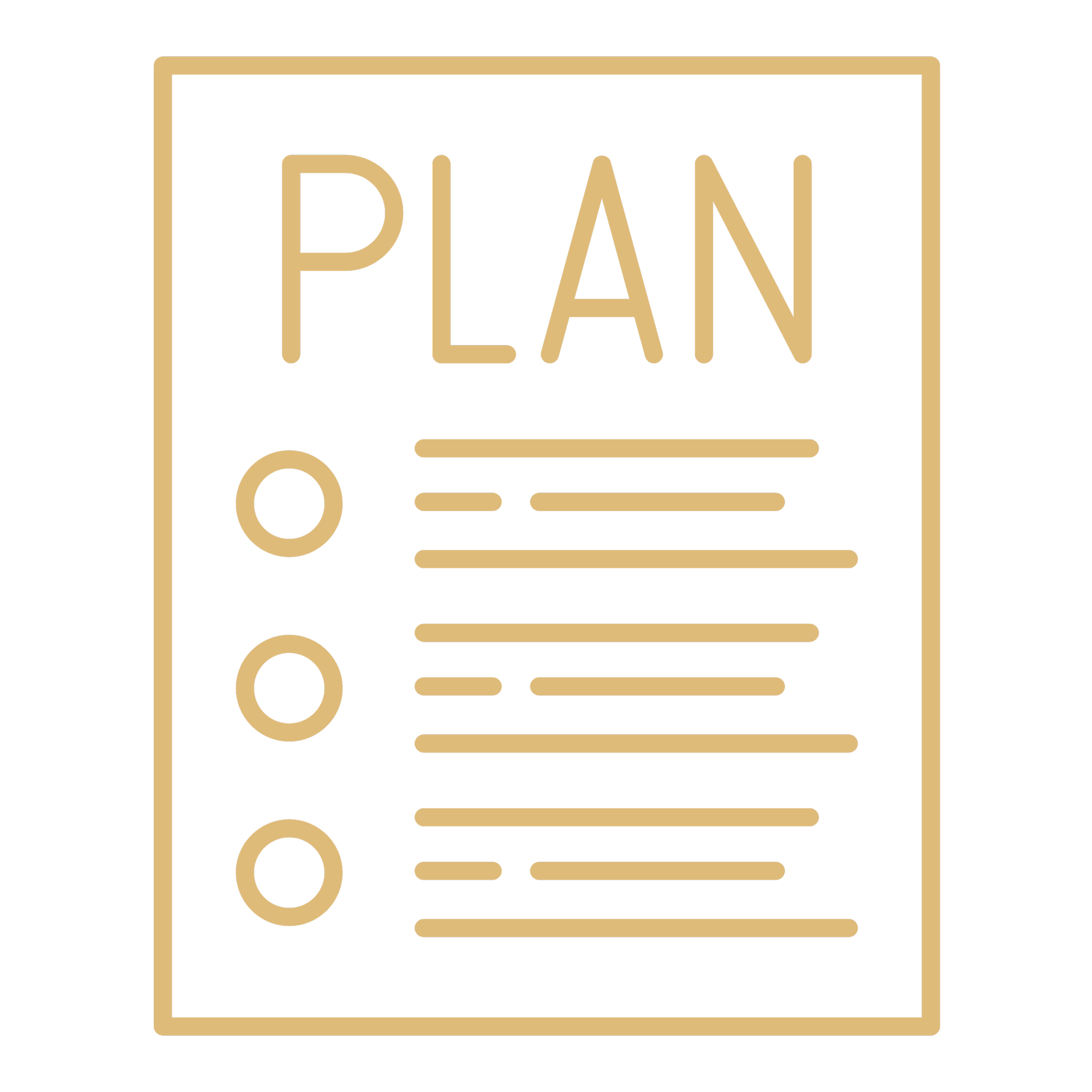 Black background with a gold rectangular outline and the words 'PLAN O' in gold, with a simplified chart or list symbol below.