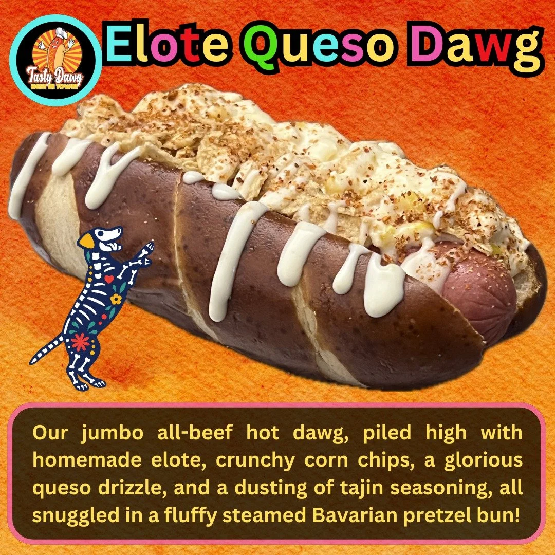 For a limited time, we are reintroducing the beloved Elote Queso Dawg! Our jumbo all-beef hot dog is nestled in a steamed Bavarian pretzel bun and topped with our homemade Mexican street corn, a sprinkle of crushed nachos, a drizzle of white queso, a