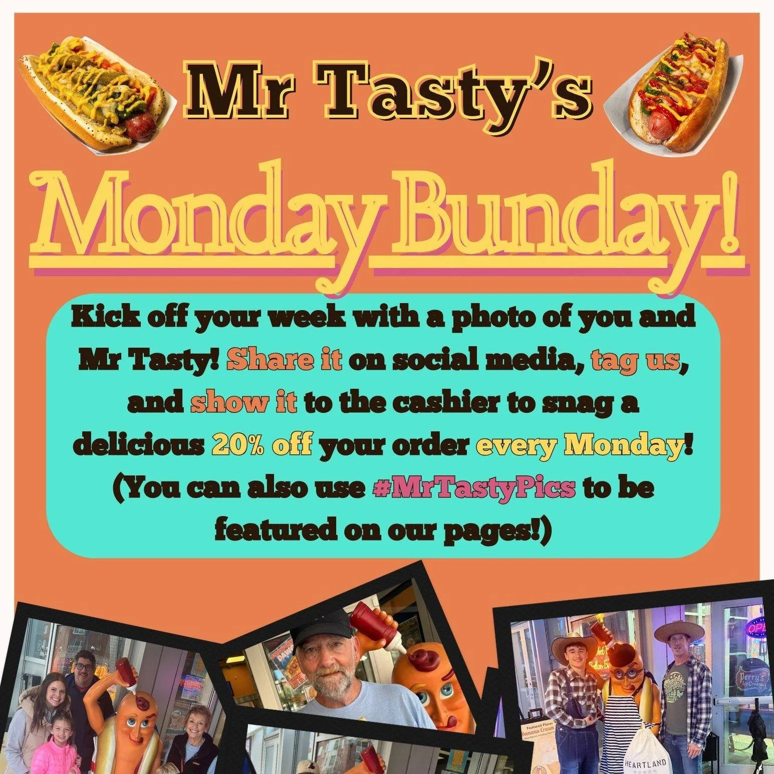 Yaaas, it's finally here! Monday Bunday, baby! 🎉 Every Monday, we're hooking you up with 20% off just for posting a selfie with Mr. Tasty, tagging us, and showing off your good side. Oh, and you might just end up on our pages if you #mrtastypics 😉