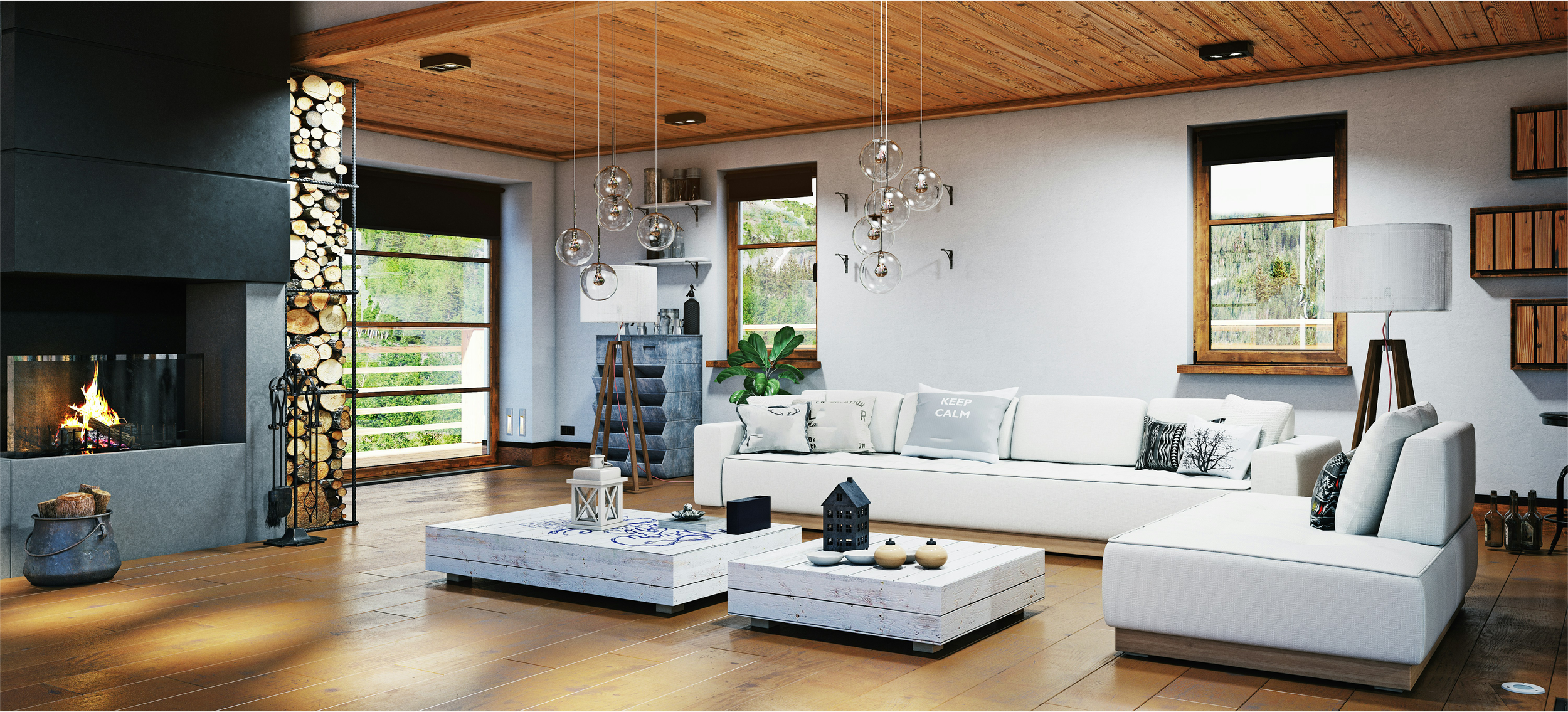 Modern living room with a white sectional sofa, a coffee table, a fireplace, large windows, wood accents, and decorative pillows.