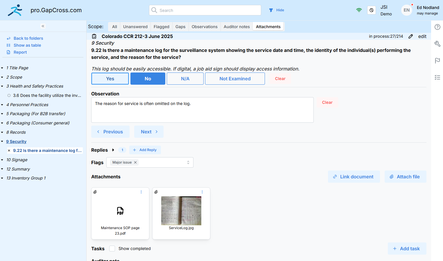 Screenshot of a audit review page from pro.GapCross.com showing details about system maintenance, with attached images of a service log and a PDF document, and options for document linking and attachment.