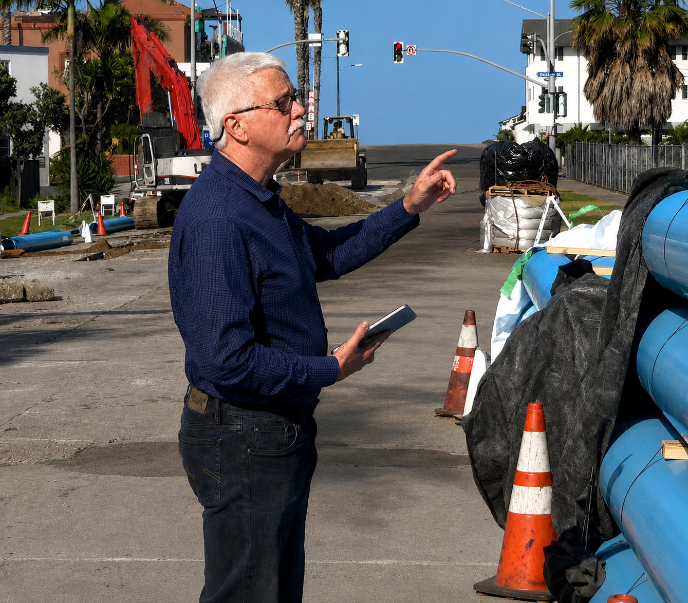 An older man with gray hair and glasses, wearing a blue shirt and dark jeans, stands at a construction site with orange traffic cones, pipes, and construction equipment. He is holding a smartphone and appears to be inspecting or discussing the site.