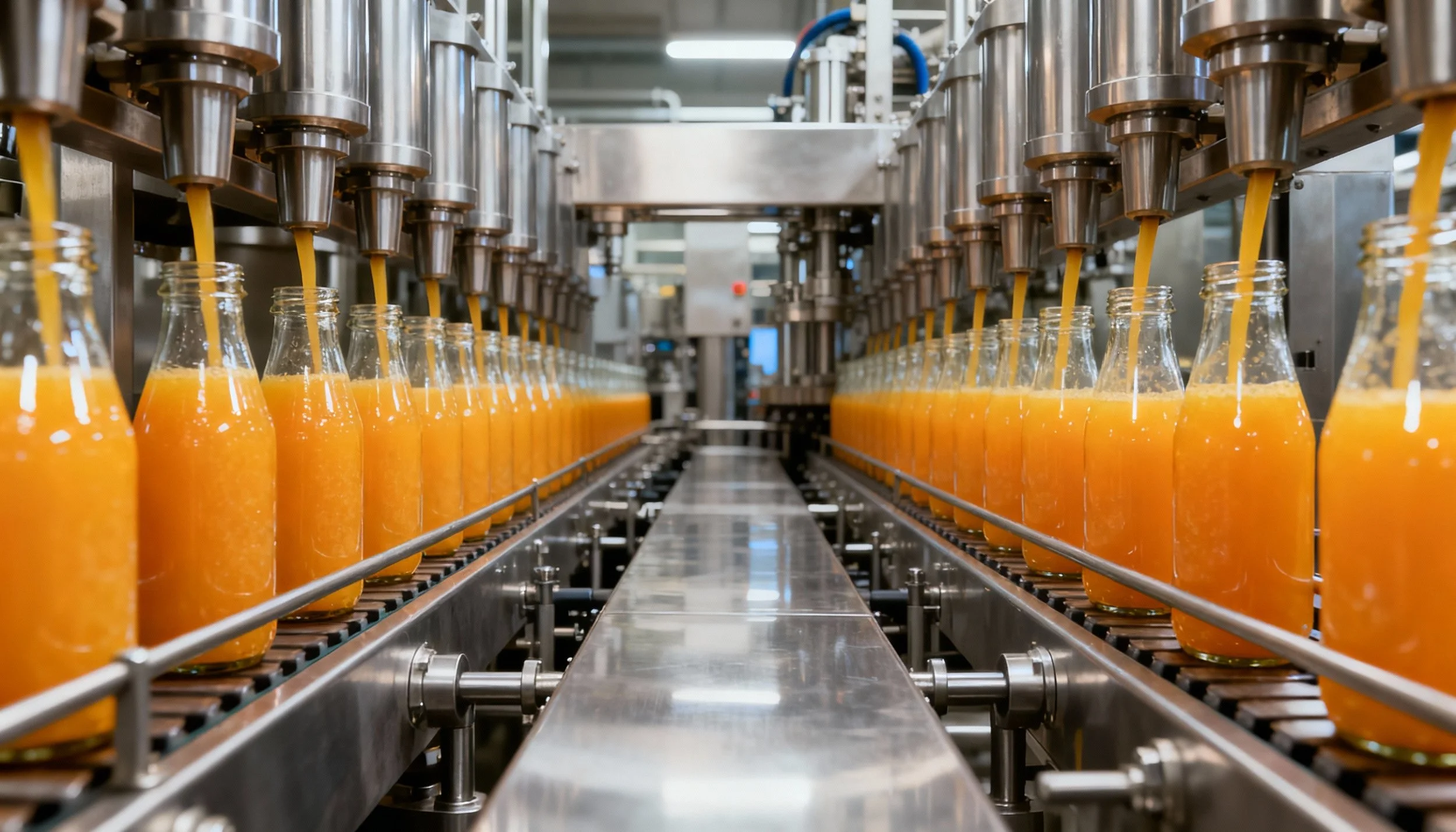 Image of bottles of juice being filled in a manufacturing plant.