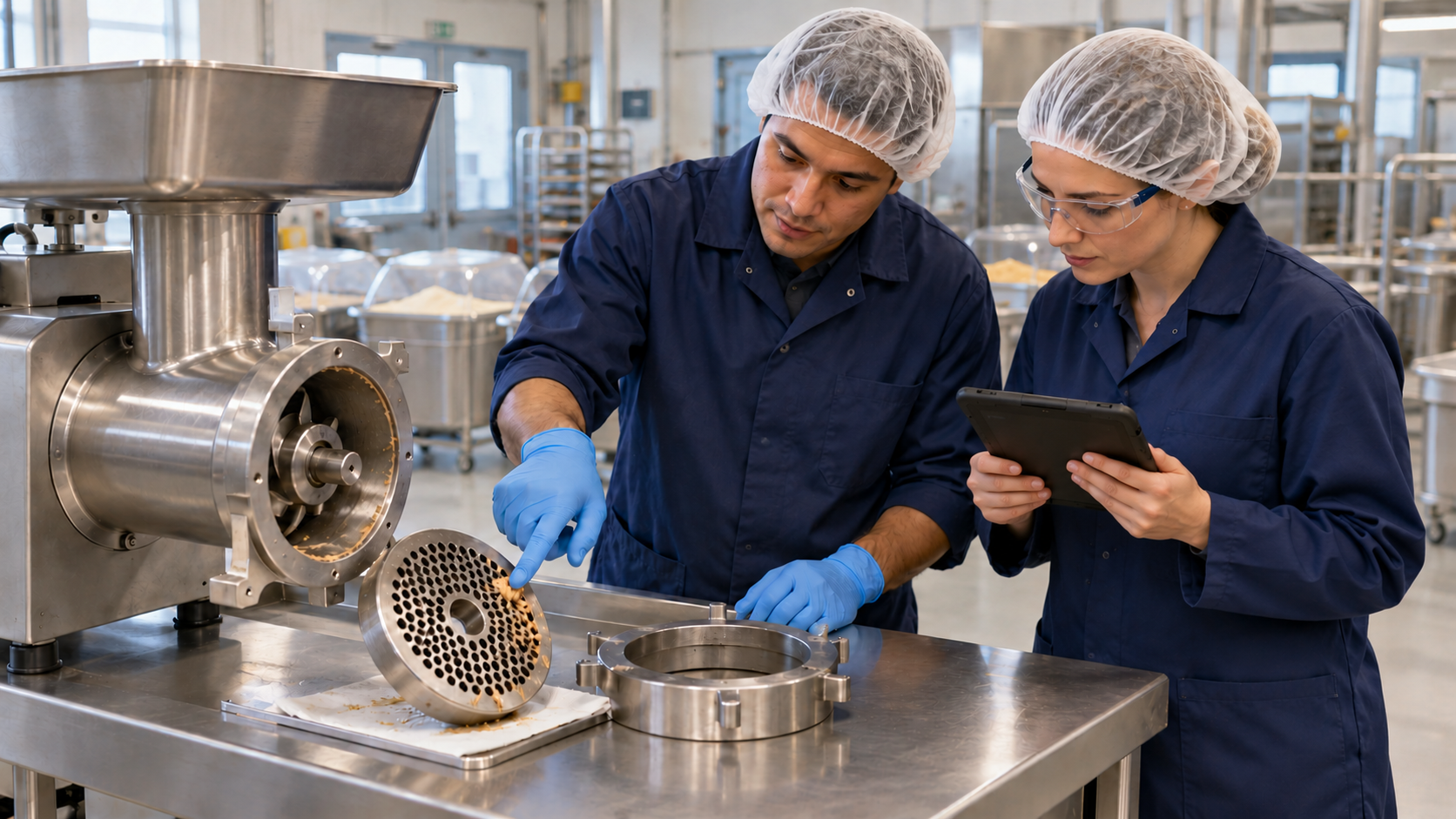 Two food production workers inspect residue on a disassembled industrial grinder, while one points out the problem and the other holds a tablet.