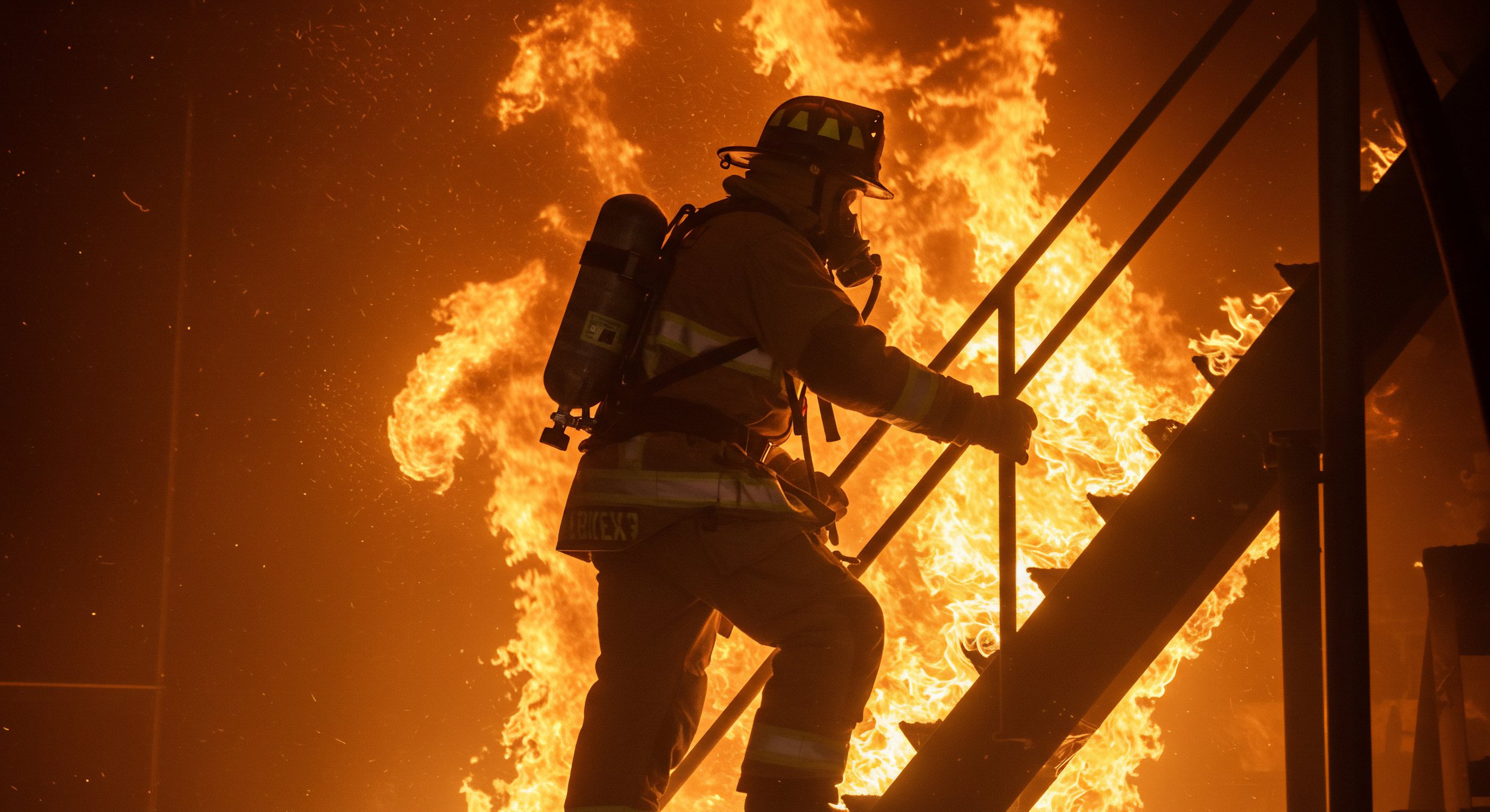 A firefighter wearing safety equipment walks up stairs in burning building.