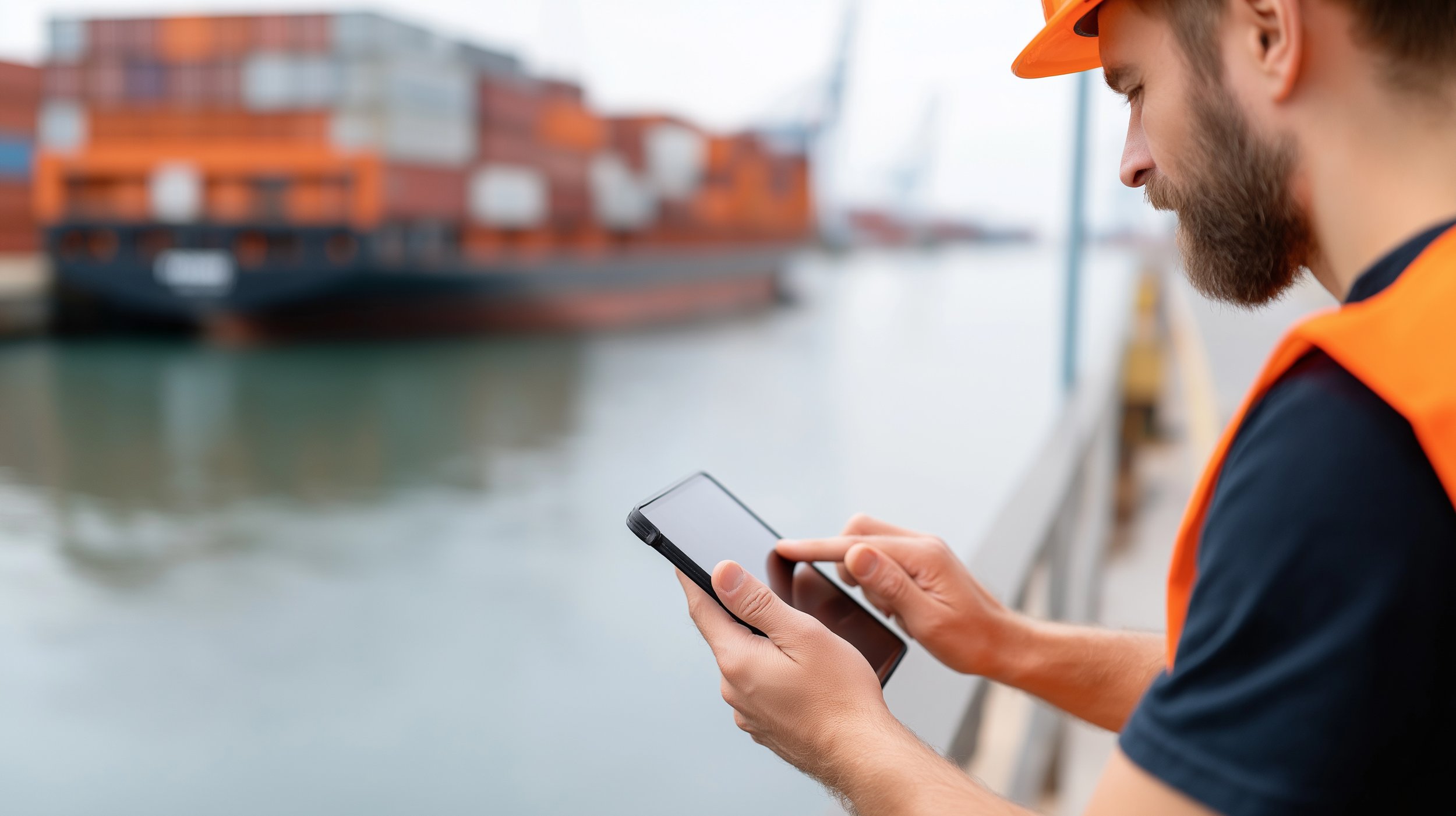 Man working at a port reviews information on a tablet.