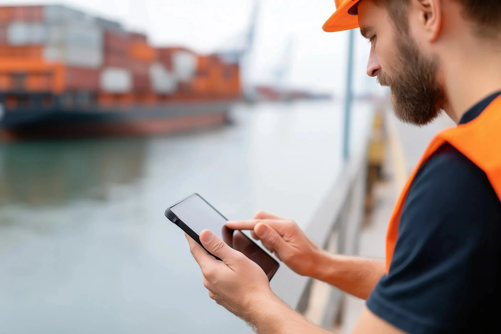 A male port worker in a hard looks a tablet.