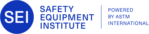 SEI Safety Equipment Institute logo with blue and white colors, and additional text indicating it is powered by ASTM International.