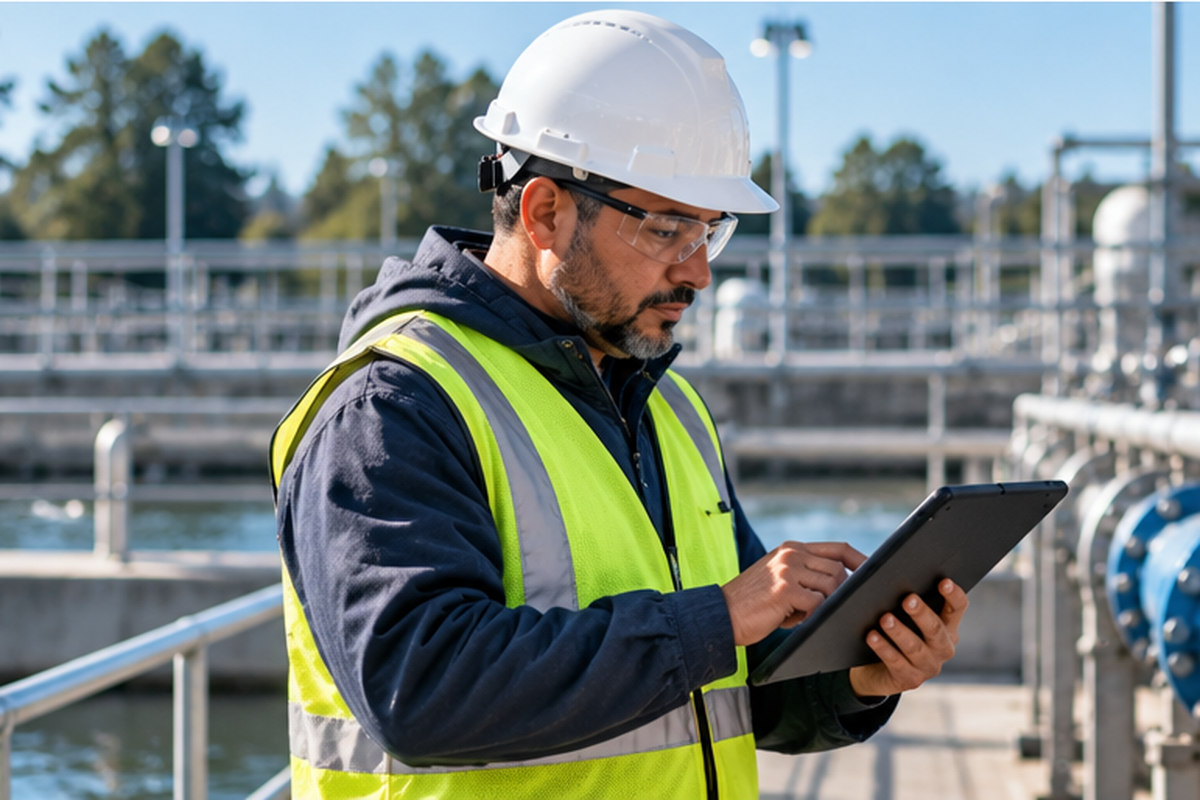 Water treatment plant operator wearing a hard hat and safety vest uses a tablet to review equipment beside industrial pipes and valves.
