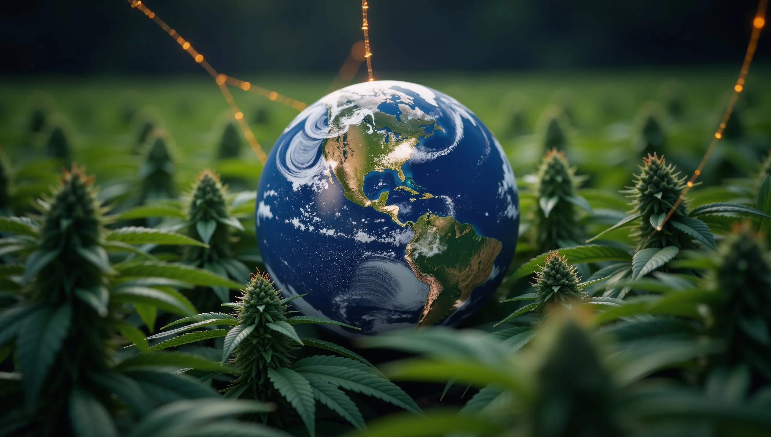 The Earth, emitting luminous threads, sits on a nest of cannabis plants.