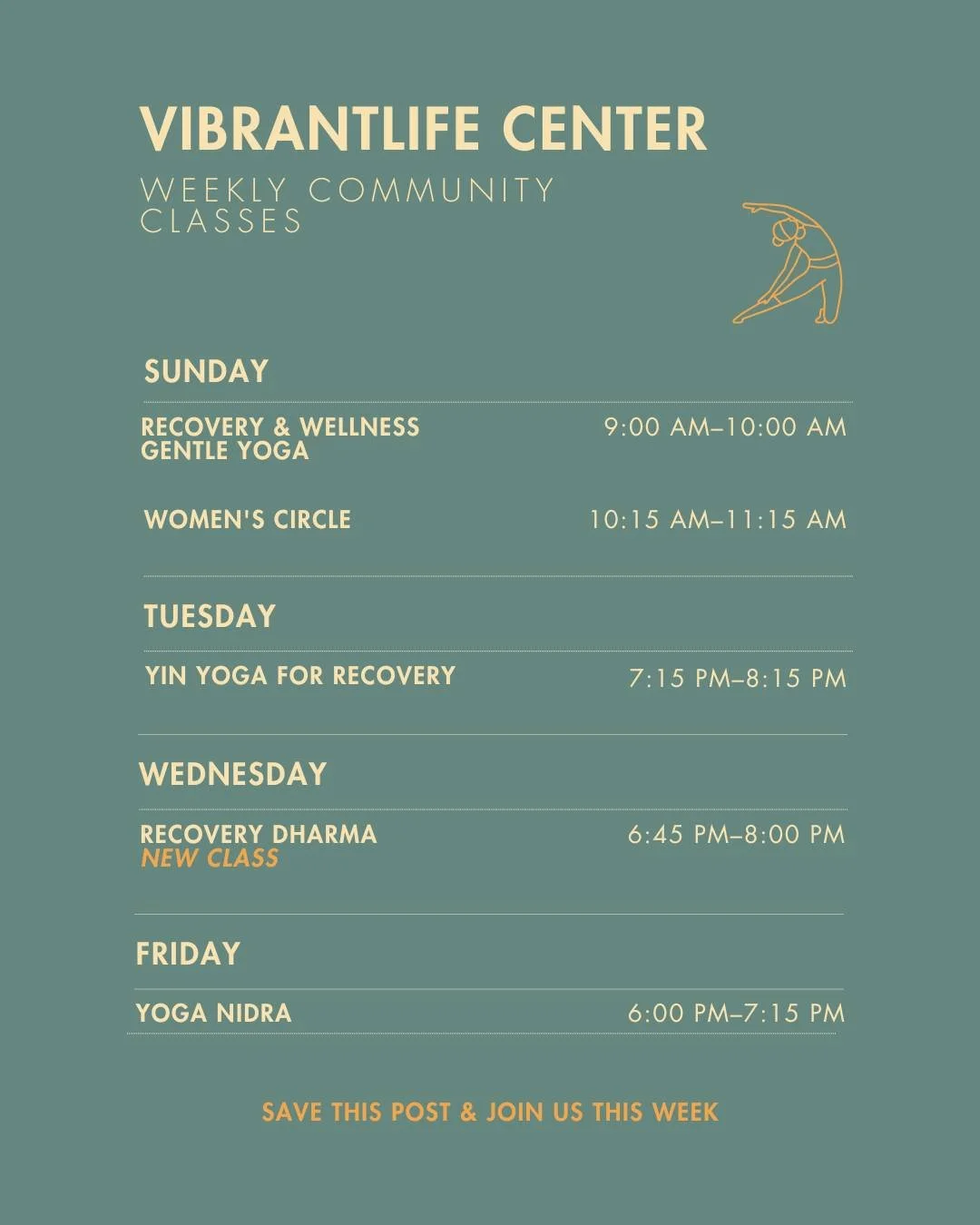 Your weekly rhythm at VibrantLife Yoga Therapy 🌿

A steady schedule of trauma-informed, recovery-centered classes designed to support your nervous system and build real community.

Here&rsquo;s what&rsquo;s happening each week:

Sundays
9:00 AM &mda
