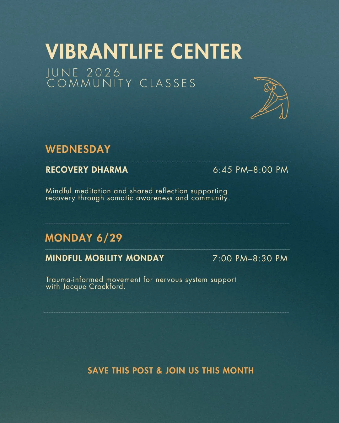 Our June schedule has been updated. 💛

While several regularly scheduled classes are paused this month, we still have a few beautiful opportunities to gather, rest, and reconnect with community.

✨ Recovery Dharma &mdash; Wednesdays at 6:45 PM
✨ Min