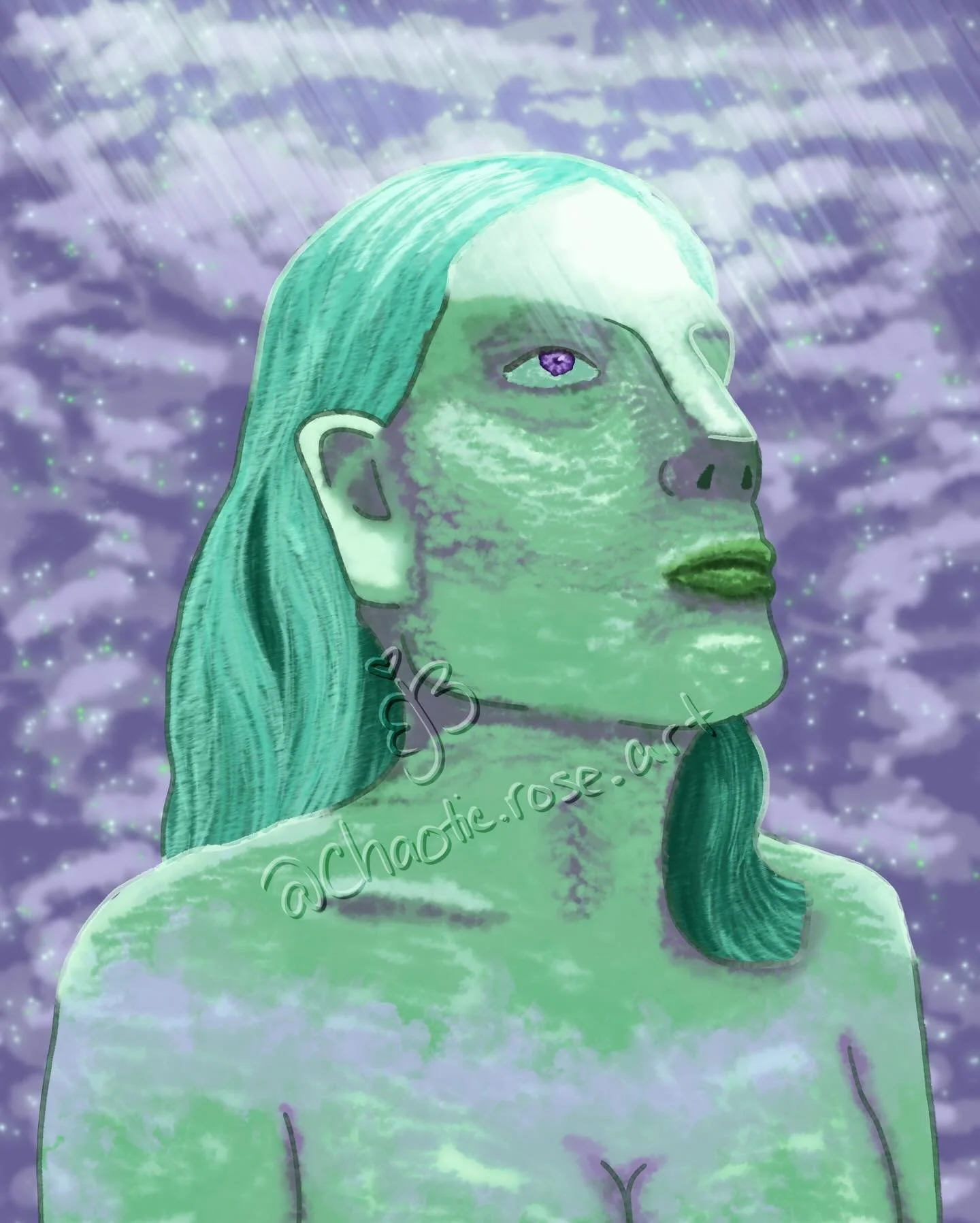 Delilah in the Clouds ☁️ 
A stylized portrait of Delilah, in our system :)
Made on my new (used) computer on stream on twitch! You should totally come check out my streams, I&rsquo;m going to be streaming at least once a week doing art! Twitch.tv/emb