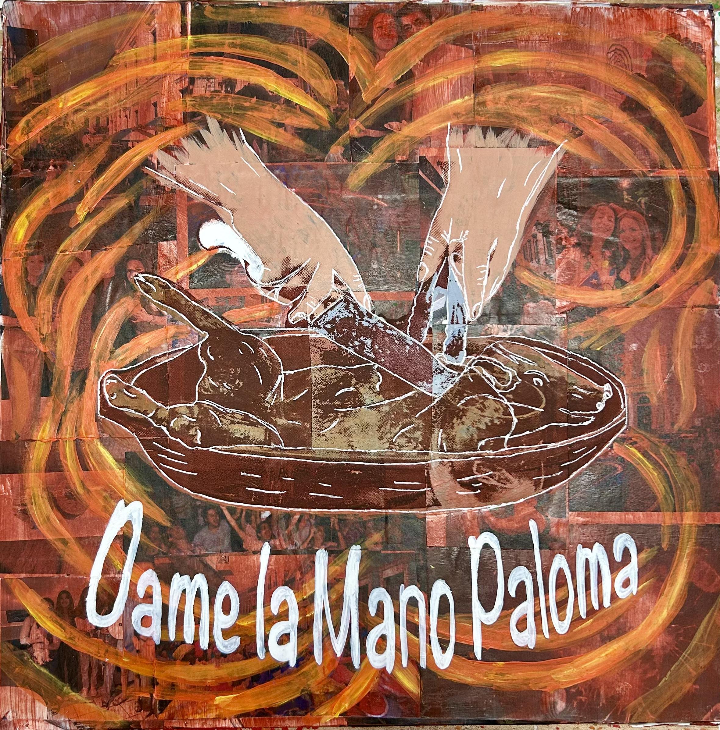 "Dame La Mano Paloma" 
Photographs, acrylic, and screenprinting on wooden panel
12 x 12"