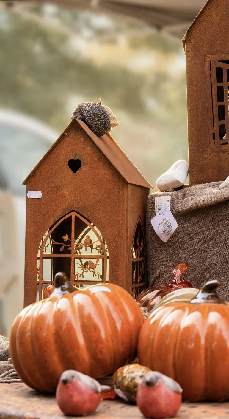 Décoration automnale avec des citrouilles orange, un nichoir en métal rouillé en forme de maison, des oiseaux en céramique ou en verre, et un fond flou de paysage en plein air.