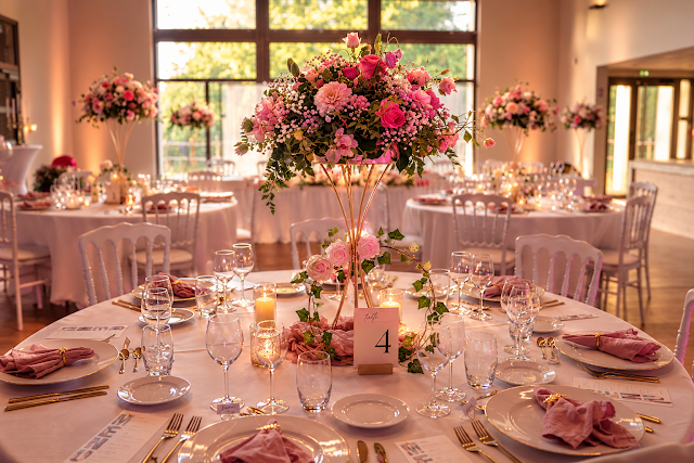 Table lors d'un mariage ou d'un événement, décorée avec des fleurs roses et blanches, vaisselle élégante, bougies et éléments en or, ambiance chaleureuse dans une salle lumineuse.