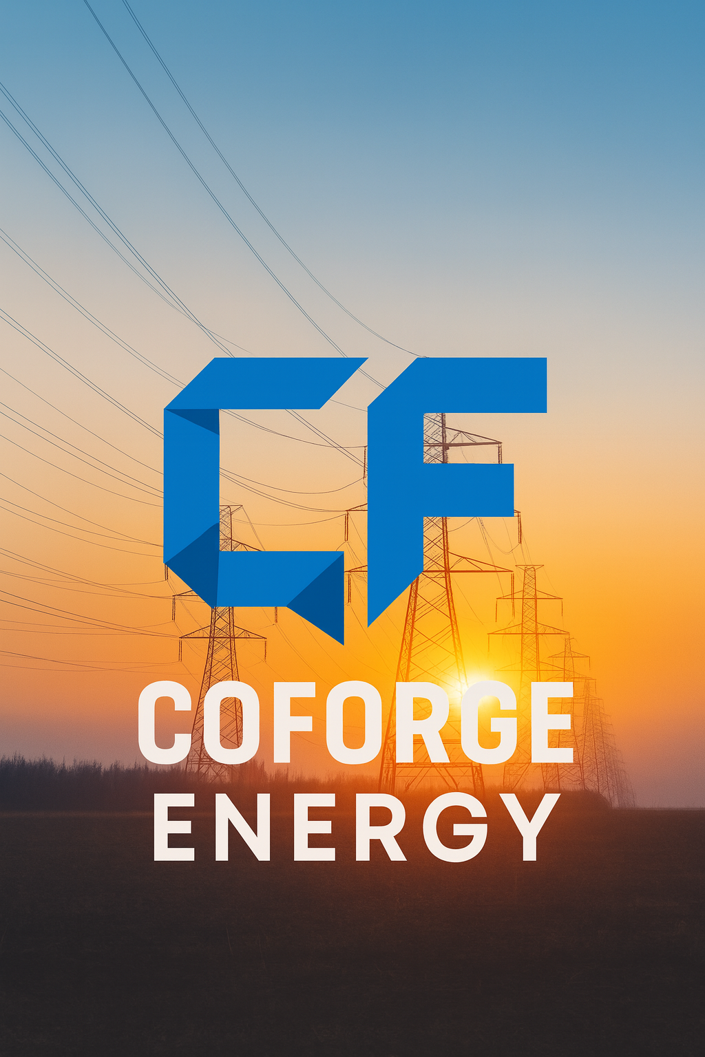 Sunset over a landscape with power lines and towers, with a blue geometric logo and the words 'COFORGE ENERGY' in white