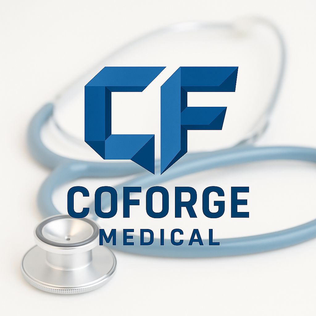 Logo of Coforce Medical with a stethoscope in the background.